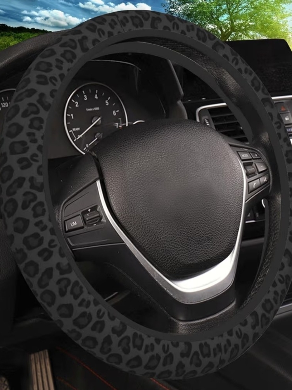 Black Leopard Print Cheetah Elastic Steering Wheel Cover, Non-slip Breathable Ne